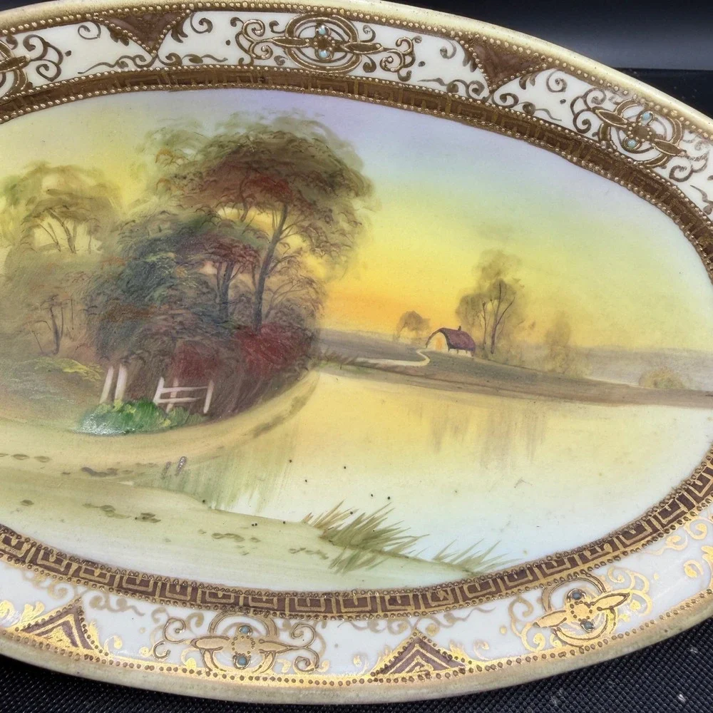 Nippon Hand Painted Celery Dish Oval Tray‎ Gold Moriage Landscape Lake Scene VTG